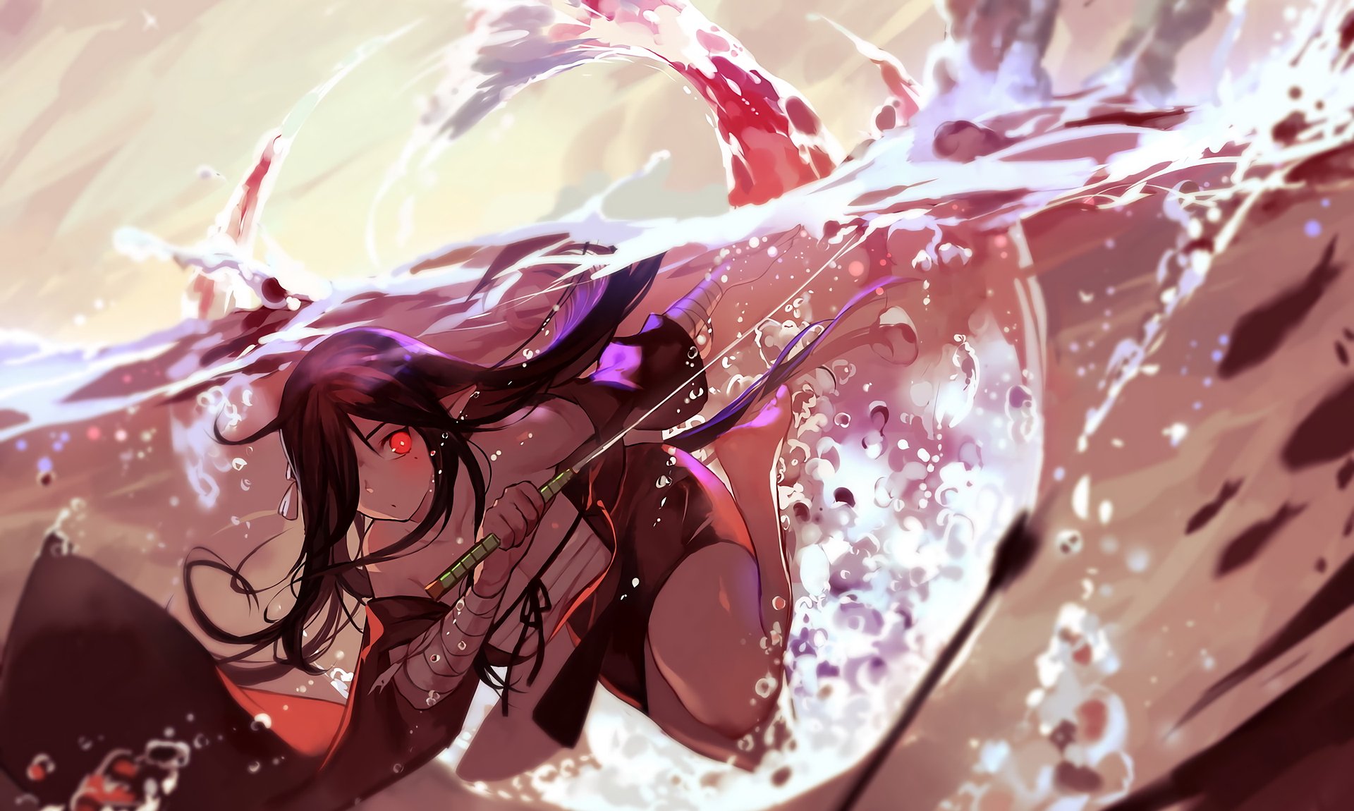 An HD anime wallpaper from Pixiv Fantasia T, featuring a character submerged in water, skillfully wielding a fishing rod amidst splashing waves.