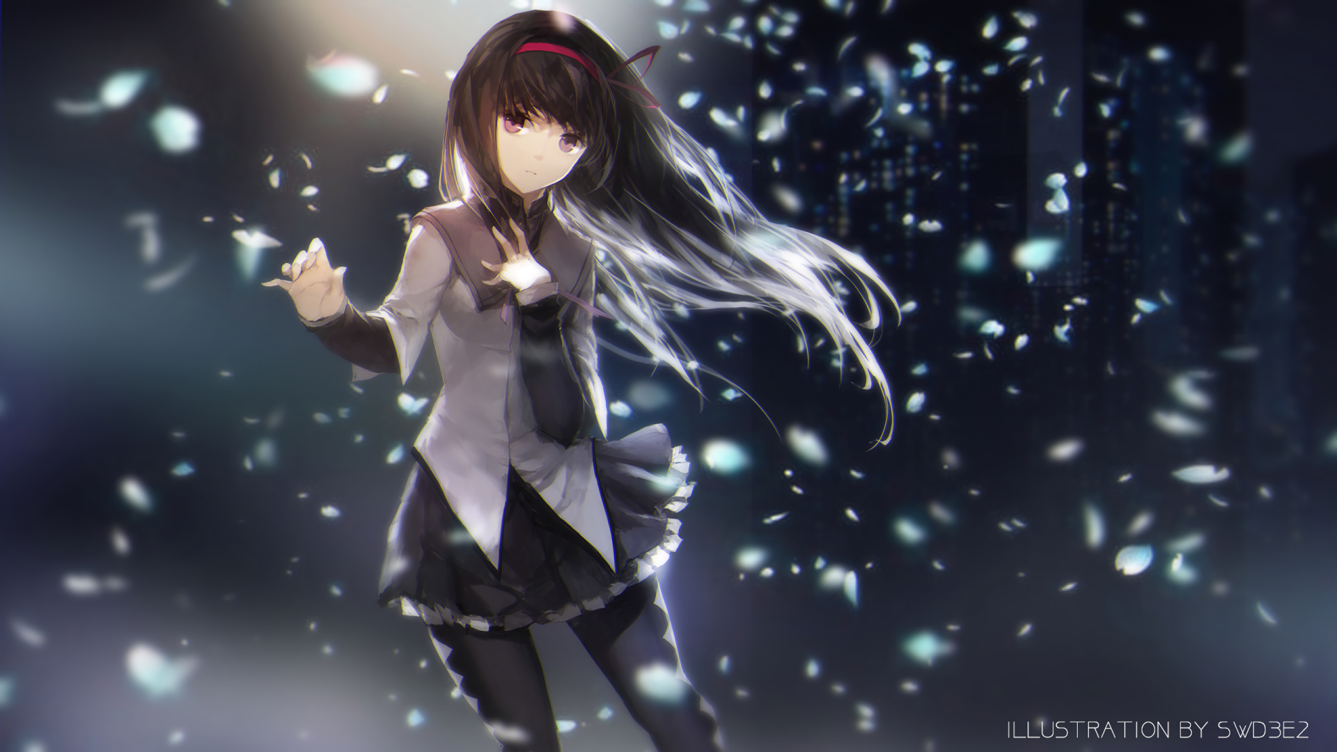 Homura Akemi from Puella Magi Madoka Magica stands amidst falling petals, captured in a beautifully detailed HD anime wallpaper. Emotions resonate in the dynamic background.
