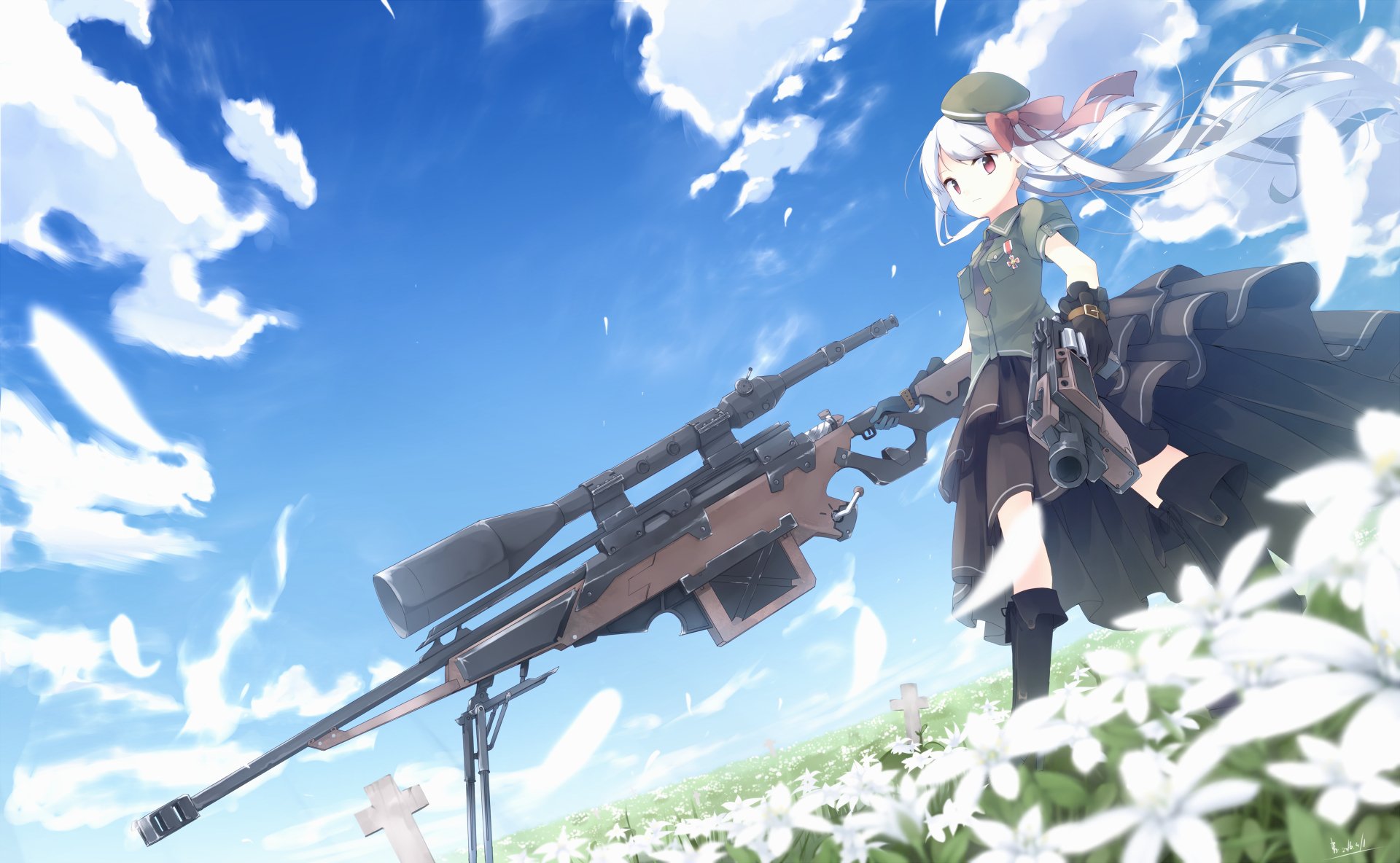 Anime warrior with long white hair and red eyes stands in a flower field, holding a sniper rifle under a bright blue sky with clouds and floating petals.