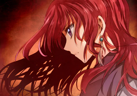 HD desktop wallpaper of Yona from the anime 'Yona of the Dawn' (Akatsuki no Yona). The image showcases Yona's profile with flowing red hair and detailed background.
