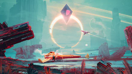 HD desktop wallpaper featuring a scene from the video game No Man's Sky. The image showcases a spaceship on an alien landscape with a mysterious floating pyramid and cosmic background elements.