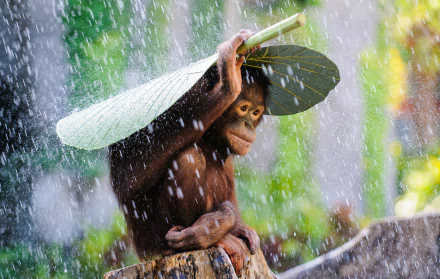 A cute orangutan sits under a large leaf, sheltering from the rain, while droplets fall around it, creating a vibrant and lively scene. This HD image captures the essence of nature.