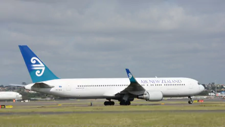 HD desktop wallpaper of a Boeing 767 passenger plane from Air New Zealand, showcasing the aircraft on a runway under a cloudy sky.