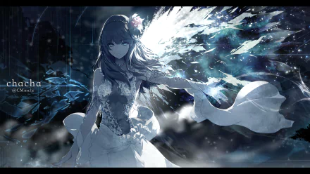 A stunning HD anime wallpaper featuring a graceful figure in a flowing white dress, surrounded by dynamic blue and dark backgrounds, embodying a mystical and serene atmosphere.