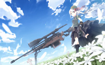 Anime warrior with long white hair and red eyes stands in a flower field, holding a sniper rifle under a bright blue sky with clouds and floating petals.