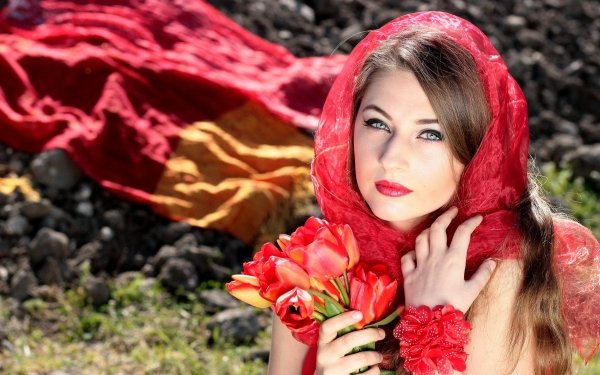 Women Model Mood Flower Tulip Long Hair Lipstick Scarf Blue Eyes HD Wallpaper | Background Image