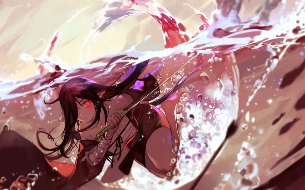 An HD anime wallpaper from Pixiv Fantasia T, featuring a character submerged in water, skillfully wielding a fishing rod amidst splashing waves.