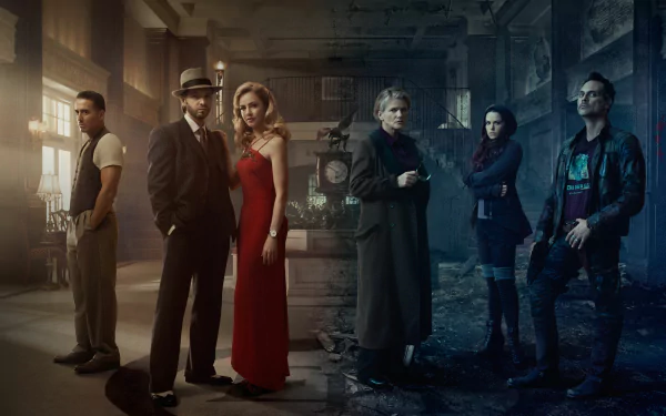 HD PC desktop wallpaper featuring the main cast of the TV show 12 Monkeys in a moody, split-lit setting with vintage and modern elements.