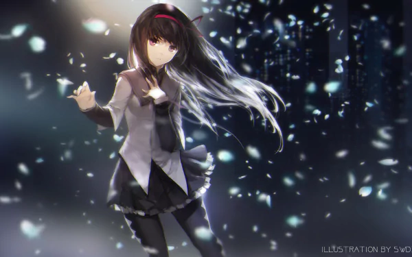 Homura Akemi from Puella Magi Madoka Magica stands amidst falling petals, captured in a beautifully detailed HD anime wallpaper. Emotions resonate in the dynamic background.