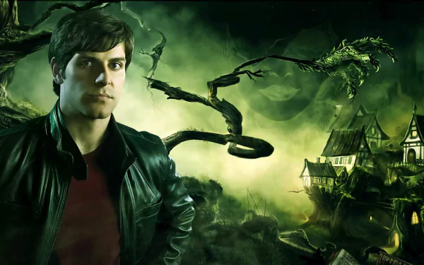 A high-definition desktop wallpaper featuring a character from the TV show Grimm, set against a dramatic green backdrop with eerie trees and a mysterious village.