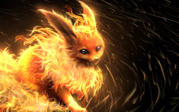 HD desktop wallpaper featuring Flareon, a Pokémon, illustrated in an anime style. The background is dark, highlighting the vivid flames and detailed fur of Flareon.