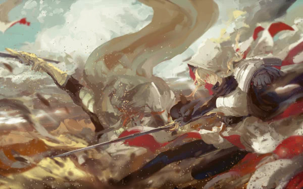 Anime battle scene from Pixiv Fantasia Fallen Kings: armored knight charging through swirling smoke and banners, dynamic 2K Quad HD PC desktop wallpaper background.