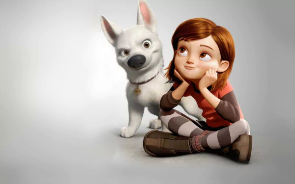 HD PC desktop wallpaper featuring characters Bolt, the white dog, and a girl from the animated movie Bolt, set against a simple light background.