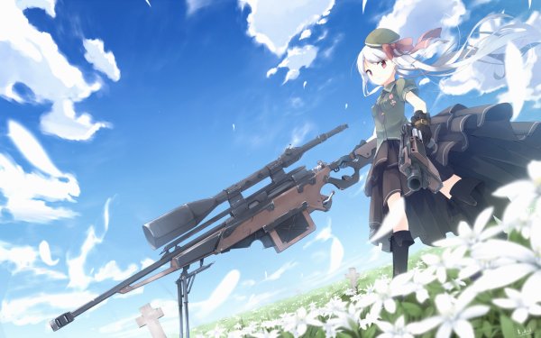 Anime Original Warrior Sniper Rifle Gun Weapon Long Hair While Hair Red Eyes Skirt Flower Cloud Petal HD Wallpaper | Background Image
