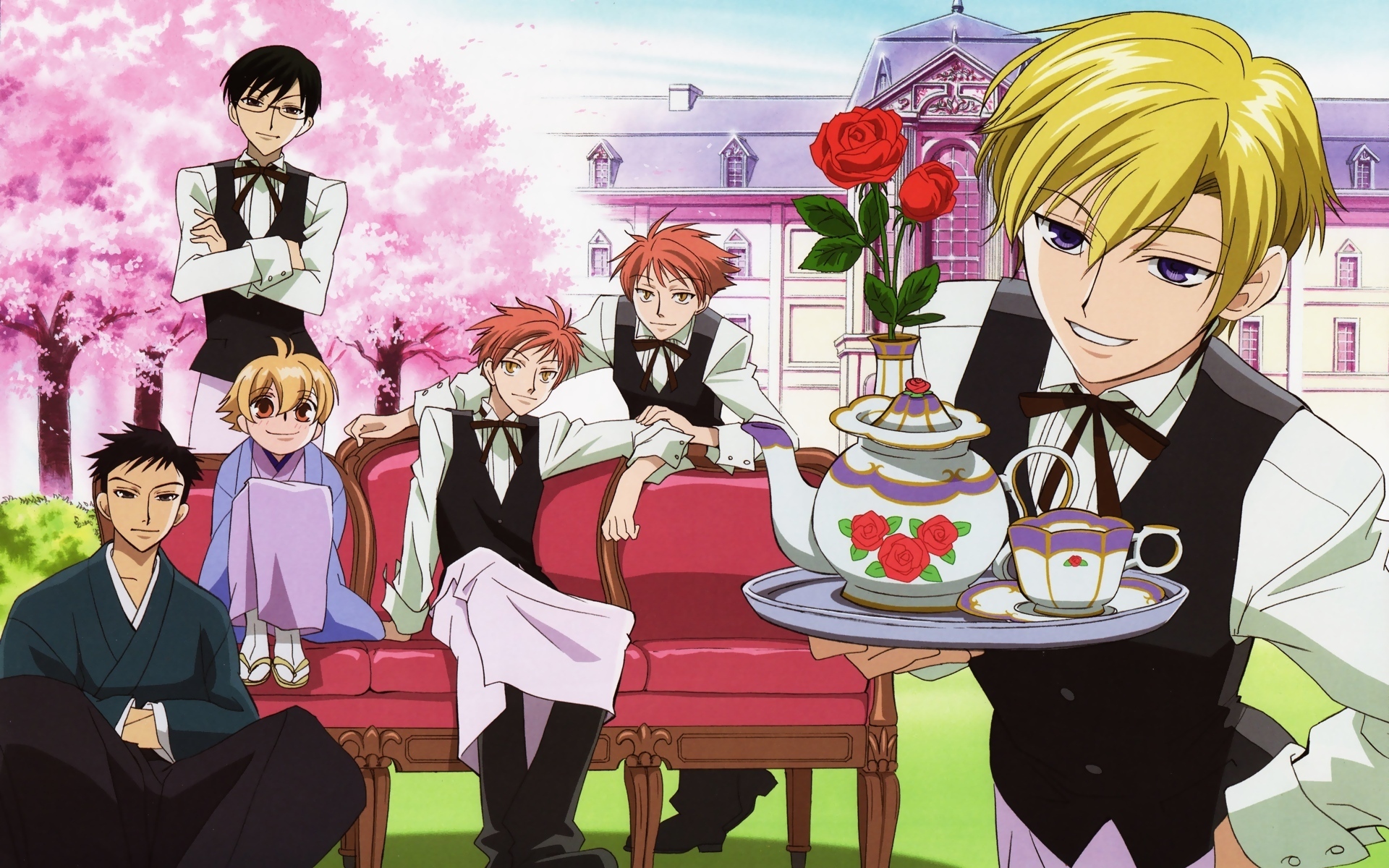 HD wallpaper featuring characters from Ouran High School Host Club with a cherry blossom backdrop.