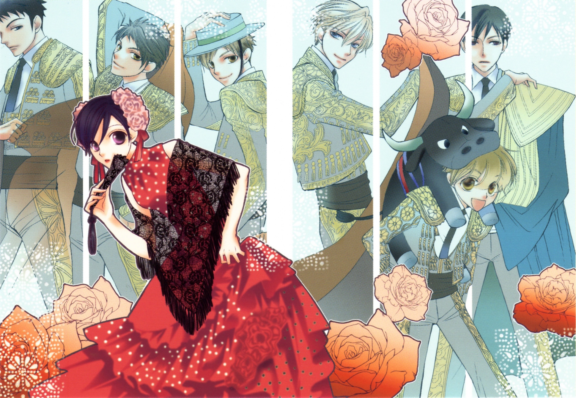 HD desktop wallpaper featuring characters from Ouran High School Host Club anime in elegant attire among roses.