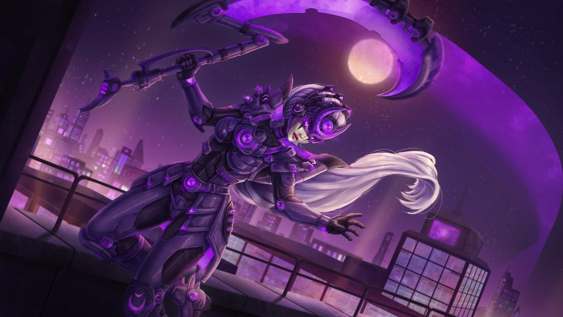 Purple-hued HD PC desktop wallpaper of Diana from the video game League of Legends: armored moon warrior on a rooftop, glowing crescent blade and flowing white hair against a city skyline.