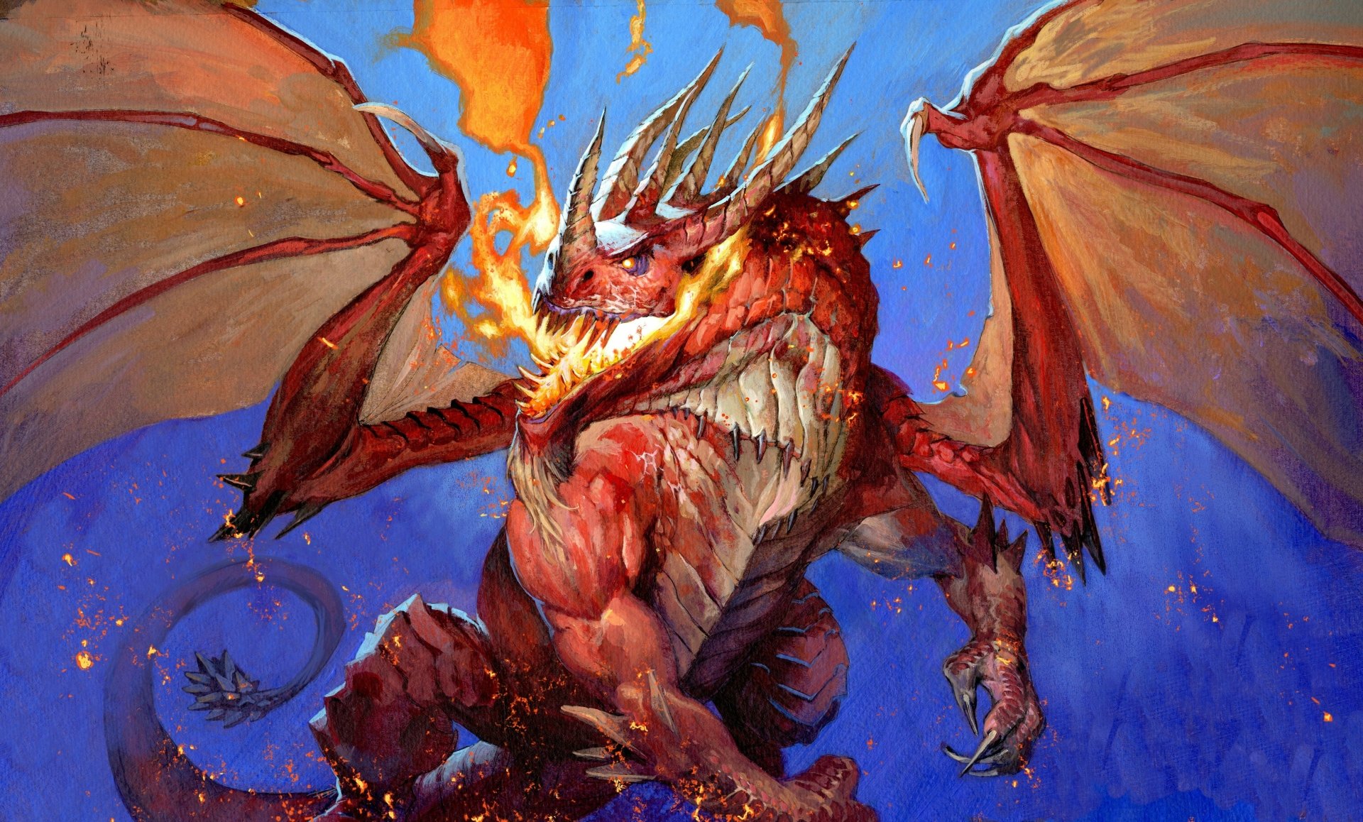 4K Ultra HD fantasy dragon PC desktop wallpaper and background: a muscular red dragon breathing fire with outstretched wings against a vivid blue sky.
