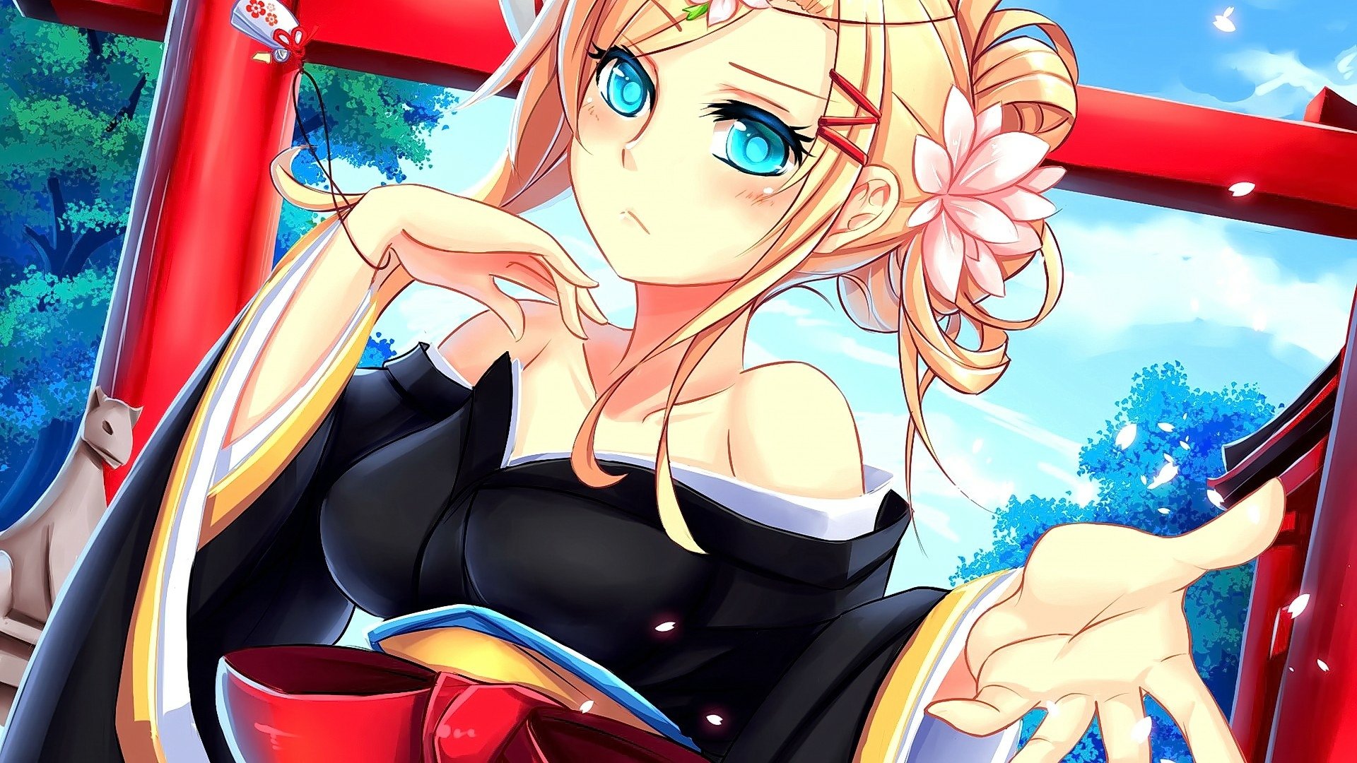 Anime-style original artwork of a blue-eyed character in a black kimono, set against a vibrant shrine background, designed as an HD PC desktop wallpaper.