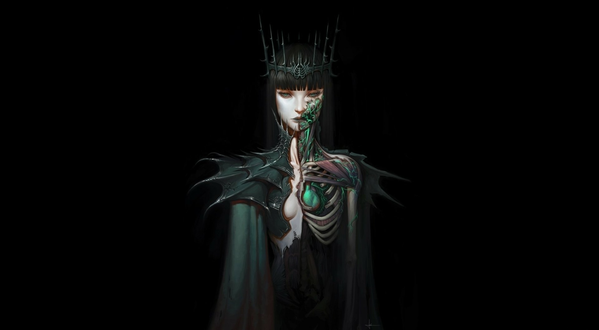 A dark fantasy wallpaper featuring a demon with skeletal features, adorned in a regal, eerie outfit. The contrast of black and green creates a captivating, mystical atmosphere.