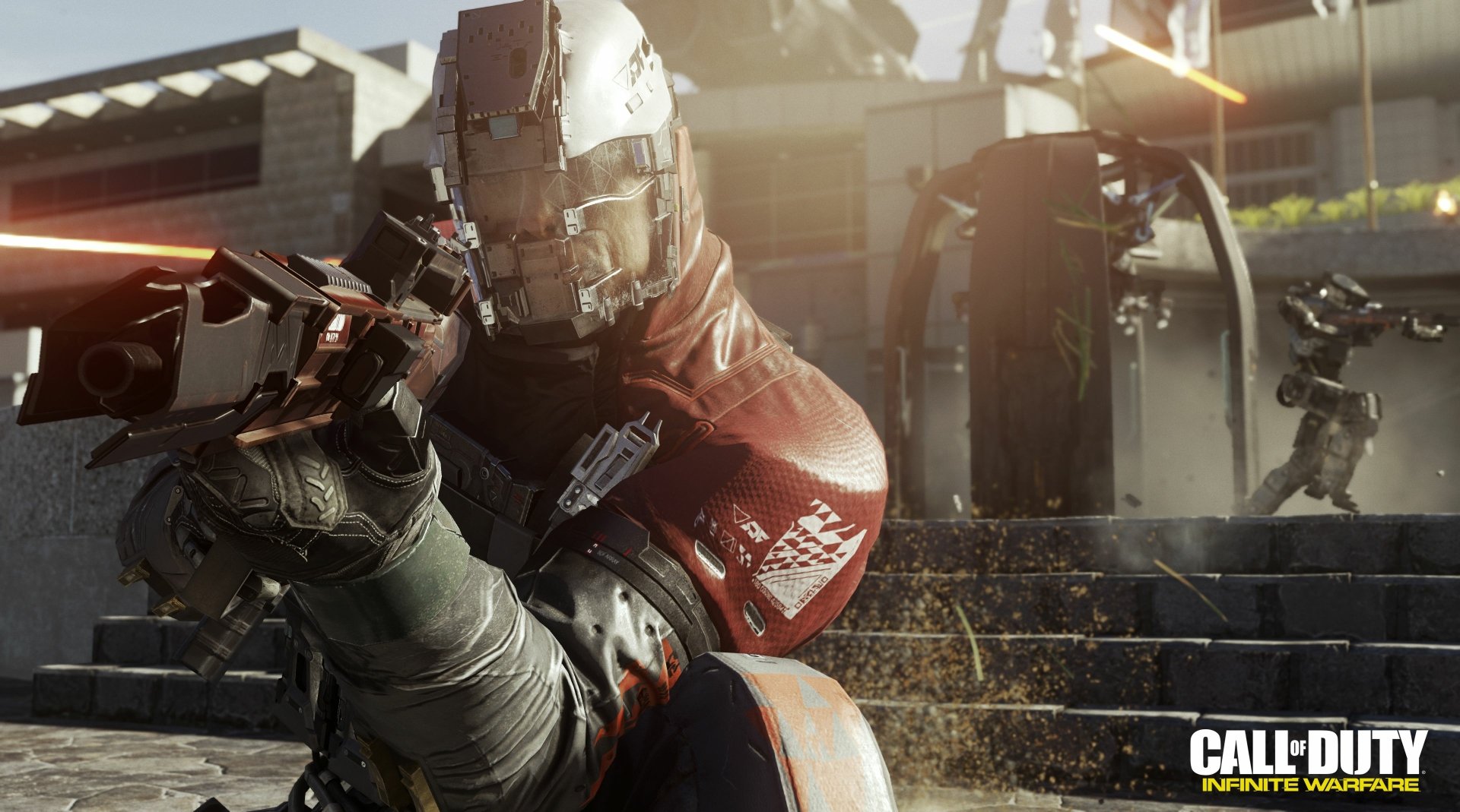 HD PC desktop wallpaper featuring a futuristic soldier aiming a weapon in Call of Duty: Infinite Warfare, with intense lighting and dynamic action elements.