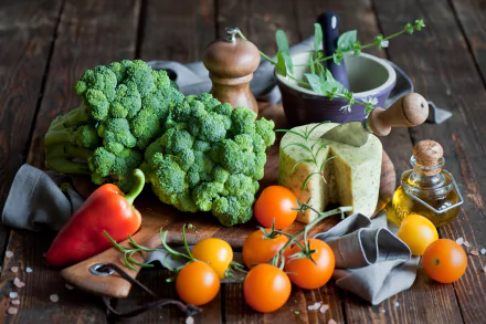 A still life HD desktop wallpaper featuring fresh broccoli, cherry tomatoes, red pepper, cheese, olive oil, and herbs on a rustic wooden surface.