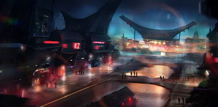 Futuristic sci-fi cityscape with towering buildings and glowing lights, depicted in a high-definition PC desktop wallpaper and background.