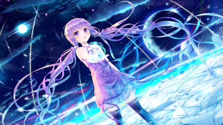 A vibrant HD wallpaper featuring Yuzuki Yukari, an anime Vocaloid character, standing in a cosmic landscape with flowing purple hair and a starry night sky.
