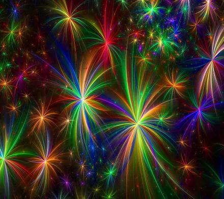 Vibrant HD desktop wallpaper featuring colorful, abstract starburst fireworks bursting in a dynamic display of vivid colors and light.