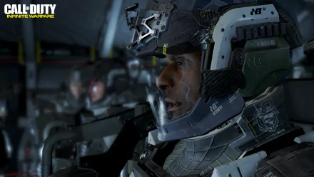 HD wallpaper from the video game Call of Duty: Infinite Warfare, featuring a soldier in a futuristic helmet, with fellow soldiers visible in the background.