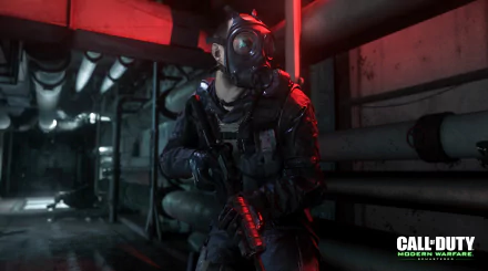 HD PC desktop wallpaper from Call of Duty: Modern Warfare Remastered featuring a soldier in tactical gear and a gas mask inside a dimly lit industrial corridor.