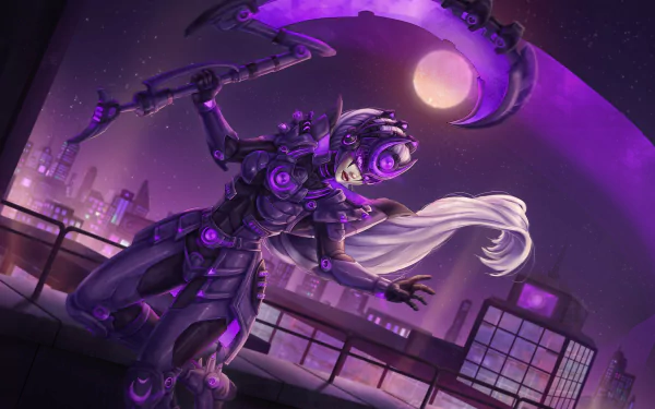 Purple-hued HD PC desktop wallpaper of Diana from the video game League of Legends: armored moon warrior on a rooftop, glowing crescent blade and flowing white hair against a city skyline.