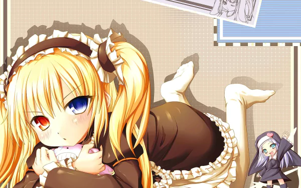 A vibrant anime wallpaper featuring Maria Takayama and Kobato Hasegawa, showcasing long blonde hair and striking heterochromia, from Boku Wa Tomodachi Ga Sukunai.