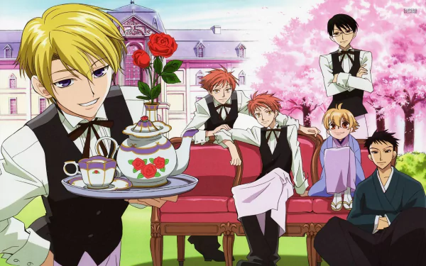 A vibrant HD wallpaper featuring characters from Ouran High School Host Club, set against a backdrop of blooming cherry blossoms, capturing the charm of the anime's host club atmosphere.