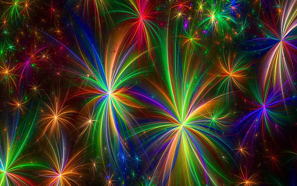 Vibrant HD desktop wallpaper featuring colorful, abstract starburst fireworks bursting in a dynamic display of vivid colors and light.