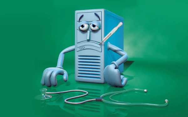 HD desktop wallpaper of a sad, anthropomorphic computer tower holding a stethoscope, blending humor, technology, and a virus concept against a green background.