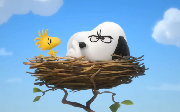 HD wallpaper from The Peanuts Movie featuring Snoopy sleeping on a bird nest with Woodstock beside him, against a blue sky background.