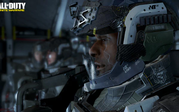 HD wallpaper from the video game Call of Duty: Infinite Warfare, featuring a soldier in a futuristic helmet, with fellow soldiers visible in the background.