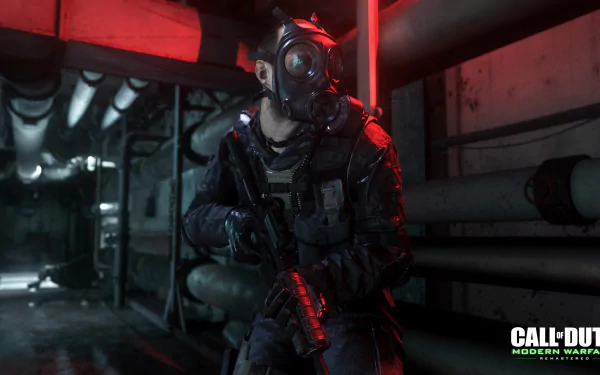 HD PC desktop wallpaper from Call of Duty: Modern Warfare Remastered featuring a soldier in tactical gear and a gas mask inside a dimly lit industrial corridor.