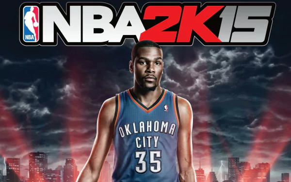HD desktop wallpaper featuring a basketball player in an Oklahoma City jersey with the NBA 2K15 logo, set against a dramatic cloudy sky backdrop.