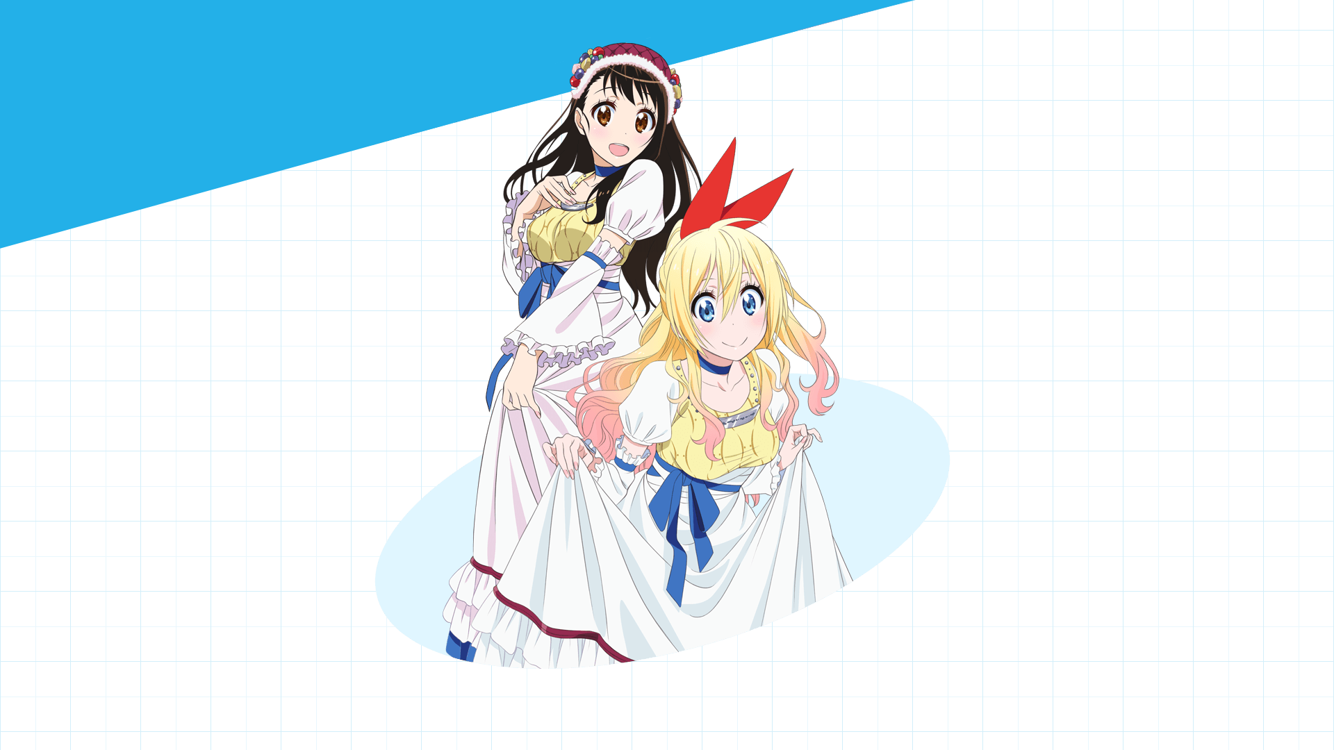 HD wallpaper featuring Kosaki Onodera and Chitoge Kirisaki from the anime Nisekoi, showcasing their distinct styles against a bright blue background.
