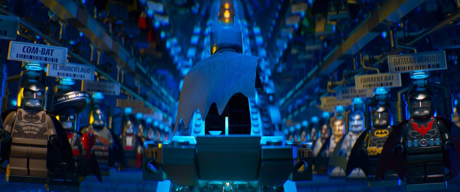 An HD wallpaper featuring LEGO Batman from *The Lego Batman Movie*, showcasing him in a vibrant, colorful world filled with various LEGO characters and iconic imagery.