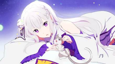 HD desktop wallpaper featuring Emilia from Re:Zero - Starting Life in Another World, lying down with her spirit companion Pack against a starry night background.