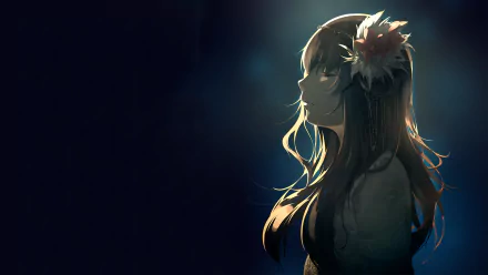 HD desktop wallpaper featuring original anime artwork of a girl with long hair, adorned with a floral headpiece, set against a dark, serene background.
