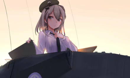 HD desktop wallpaper featuring Arisu Shimada from *Girls und Panzer*, seated atop a tank, exuding confidence against a serene sunset backdrop.