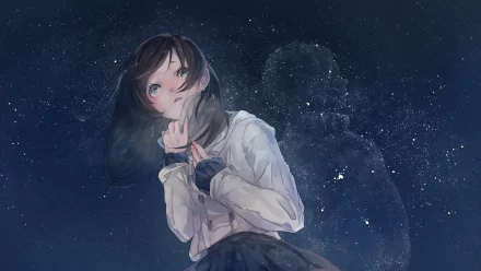 A stunning HD wallpaper featuring an anime character with black hair and aqua eyes, set against a starry night backdrop. An ethereal atmosphere enhances the original artwork.