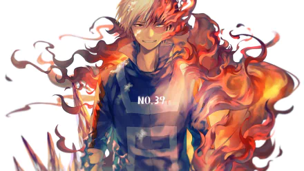 HD desktop wallpaper of Shoto Todoroki from My Hero Academia. He is depicted with his signature two-toned hair and a serious expression, surrounded by vibrant flames.