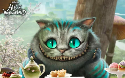 HD PC desktop wallpaper of the Cheshire Cat from Disney's Alice in Wonderland (2010), grinning with glowing teal eyes at a tea table with teapot and treats.