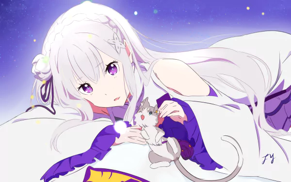 HD desktop wallpaper featuring Emilia from Re:Zero - Starting Life in Another World, lying down with her spirit companion Pack against a starry night background.