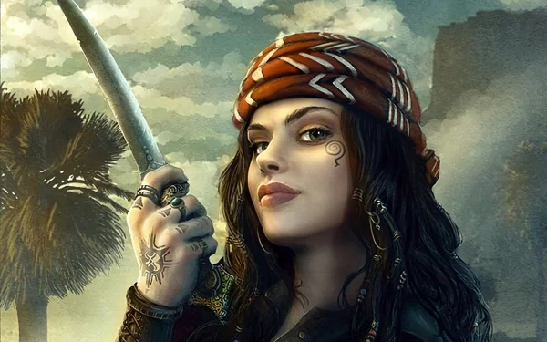 A fierce woman warrior pirate with tattoos grips a sword, set against a moody sky and ancient fortress, crafted as an HD PC desktop wallpaper and fantasy background.